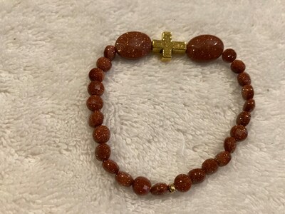 Cross Bracelet Gold Metal Cross Brown Sandstone 4mm Beads Religious
